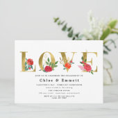 Gold Letters met Red Flowers Engagement Party Kaart (Staand voorkant)