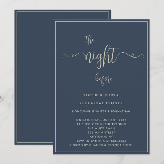Gold Letters Navy Blue Rehearsal Dinner Invitation Kaart (Voorkant / Achterkant)