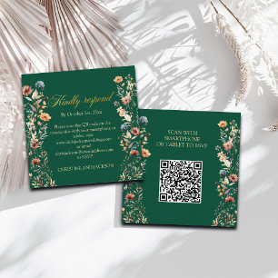 Gold Letters Wildflowers QR Code Huwelijk RSVP Kaa Notitiekaartje