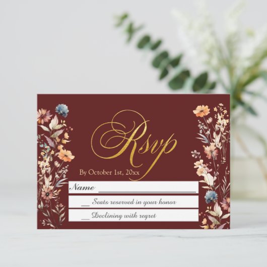 Gold Letters Wildflowers Wedding RSVP (Staand voorkant)