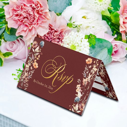 Gold Letters Wildflowers Wedding RSVP Kaart