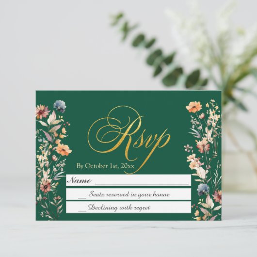 Gold Letters Wildflowers Wedding RSVP Kaartje (Staand voorkant)