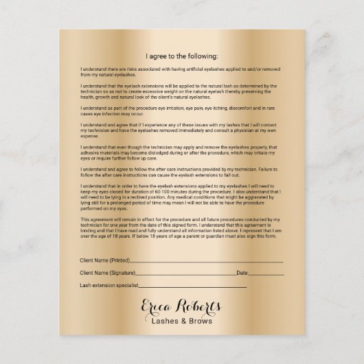 Gold Liability Waiver Eyelash Extension Salon Flyer (Achterkant)
