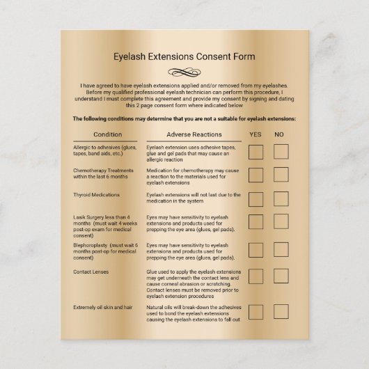Gold Liability Waiver Eyelash Extension Salon Flyer (Voorkant)