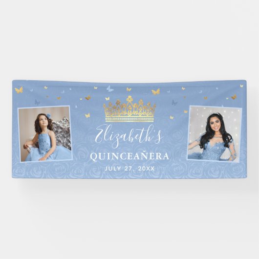 Gold Light Baby Blue Foto van Birthday Quinceanera Spandoek (Horizontaal)