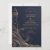 Gold Lighthouse Night Wedding Kaart (Voorkant)