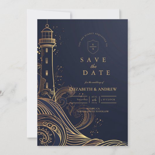 Gold Lighthouse Night Wedding Save The Date (Voorkant)
