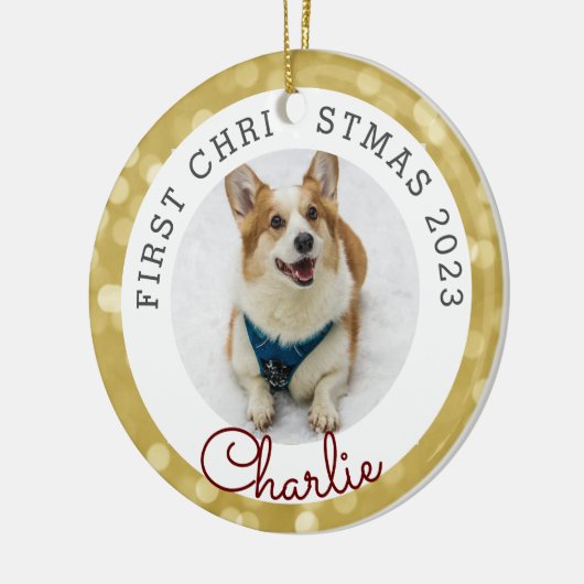 Gold Lights Pet's eerste kerstfoto Keramisch Ornament (Links)