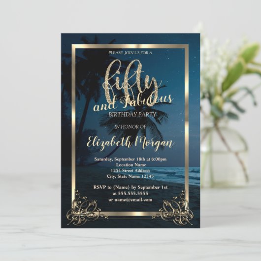 Gold Lijst Beach Sunset 50e verjaardag Kaart (Staand voorkant)