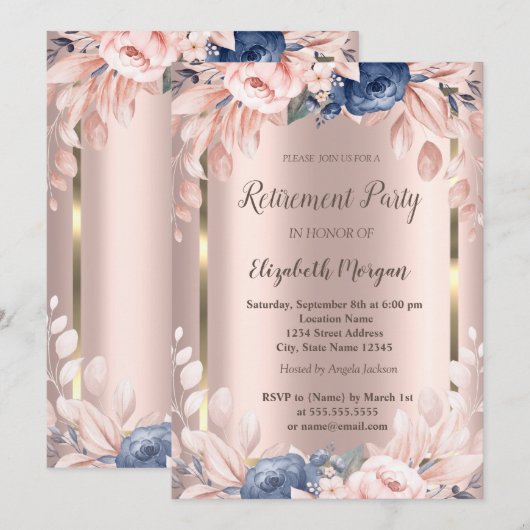 Gold Lijst, Blue Flowers Roos Gold Retirement Kaart (Voorkant / Achterkant)