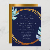 Gold Lijst Blue Navy Monogram Tropical Bridal Wedd Kaart (Voorkant / Achterkant)