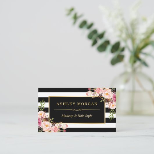 Gold Lijst Blush Floral Black White Stripes Visitekaartje (Staand voorkant)