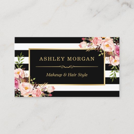Gold Lijst Blush Floral Black White Stripes Visitekaartje (Voorkant)