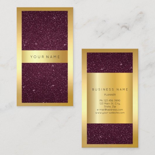 Gold Lijst Burgundy Bordeaux Glitter Verticaal Visitekaartje (Voorkant / Achterkant)