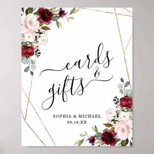 Gold Lijst Burgundy Floral Kaarten en Gifts Sign Poster (Voorkant)