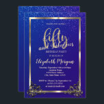 Gold Lijst Confetti Blue 50th Birthday Party Kaart<br><div class="desc">Elegant goud lijst,  grens op een blauwe achtergrond.</div>