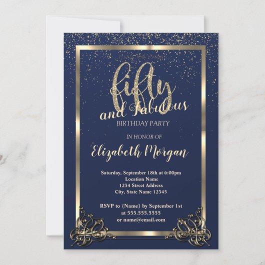 Gold Lijst Confetti Navy Blue 50th Birthday Party Kaart (Voorkant)
