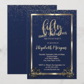 Gold Lijst Confetti Navy Blue 50th Birthday Party Kaart (Voorkant / Achterkant)