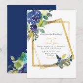 Gold Lijst, donkerblauw en geel, Floral White Invi Kaart (Voorkant / Achterkant)