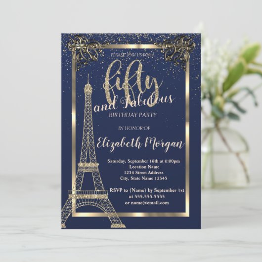 Gold Lijst, Eiffel Tower Blue 50th Birthday Party Kaart (Staand voorkant)