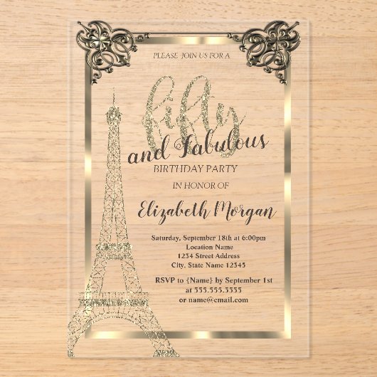 Gold Lijst, Eiffeltoren 50e verjaardag Acryl Uitnodigingen (Voorkant)