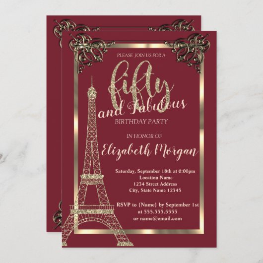 Gold Lijst, Eiffeltoren Burgundy 50e verjaardag Kaart (Voorkant / Achterkant)