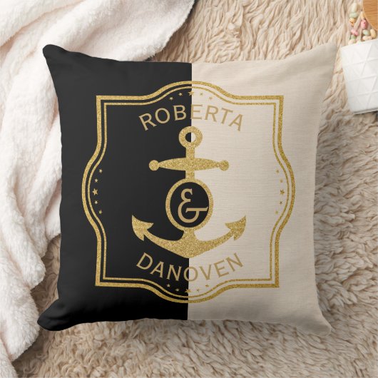 Gold Lijst en anker op zwarte en beige achtergrond Kussen (Deken)
