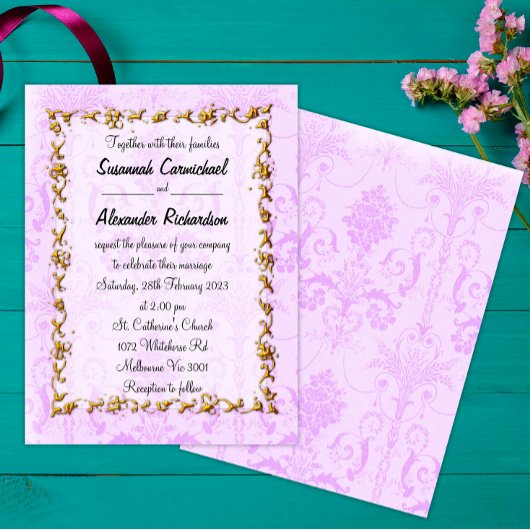 Gold Lijst en Paarse Damask Wedding Kaart