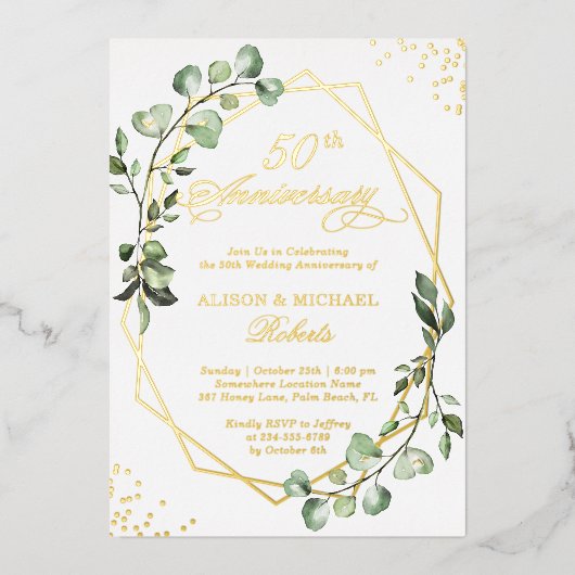 Gold Lijst Eucalyptus Leaves Weddenschap Jubileum Folie Uitnodiging (Voorkant)