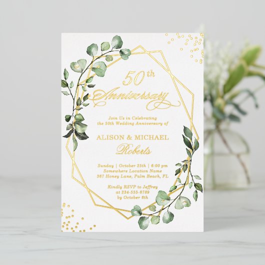 Gold Lijst Eucalyptus Leaves Weddenschap Jubileum Folie Uitnodiging (Staand Voorkant)