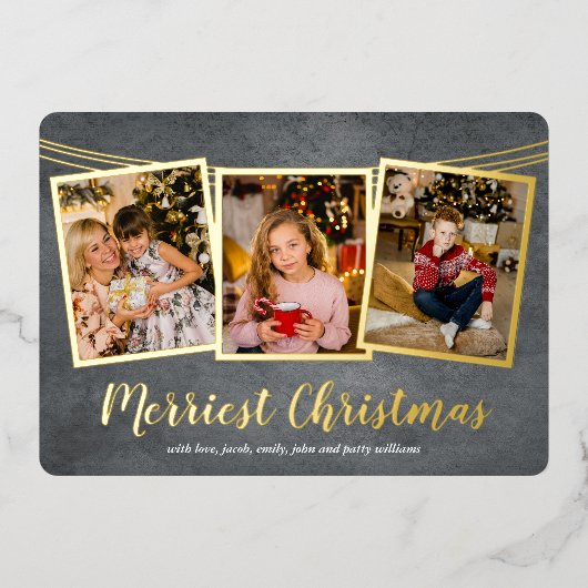 Gold Lijst Foto Collage Merriest Kerstmis Folie Feestdagenkaart (Voorkant)