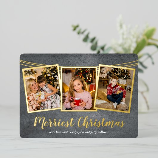 Gold Lijst Foto Collage Merriest Kerstmis Folie Feestdagenkaart (Staand Voorkant)