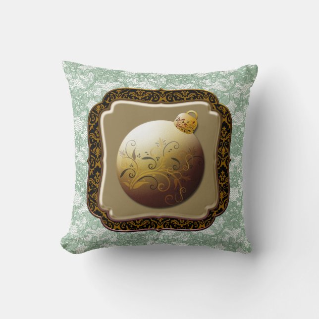 Gold Lijst Glass Ornament Groene Floral Faux Lace Kussen (Voorkant)