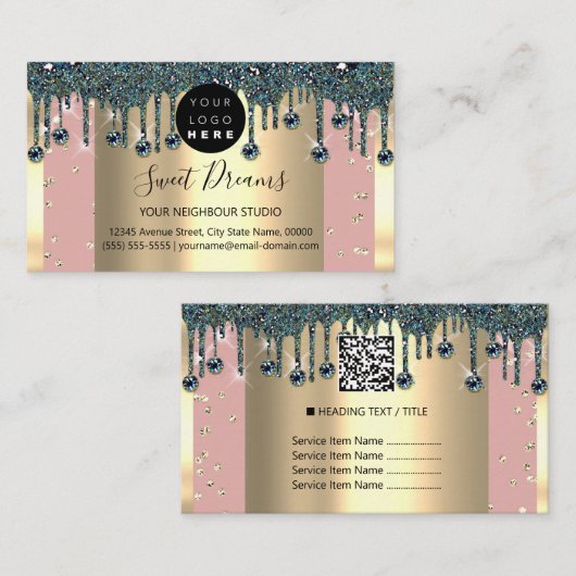 Gold Lijst Glitter Confetti Roos Blauwgroen schijv Visitekaartje (Voorkant / Achterkant)