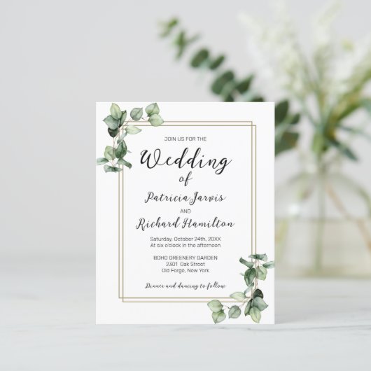 Gold Lijst Greenery Budget Wedding Uitnodiging (Staand voorkant)