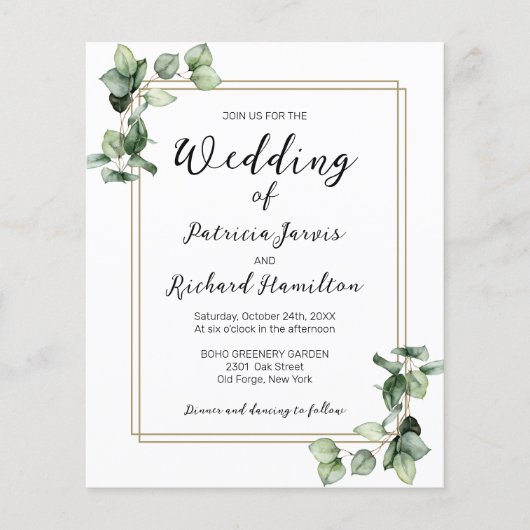 Gold Lijst Greenery Budget Wedding Uitnodiging (Voorkant)