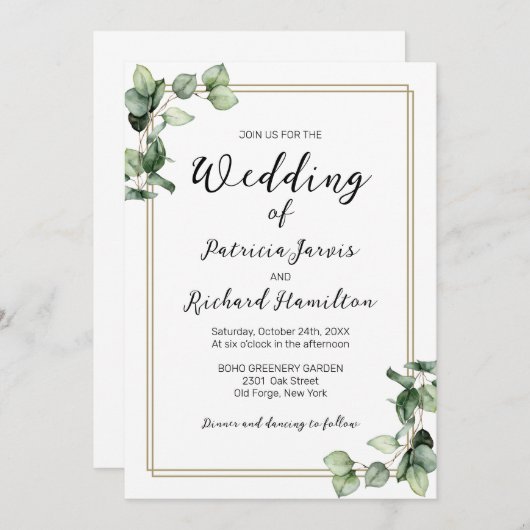 Gold Lijst Greenery Elegant Wedding Invitation Kaart (Voorkant / Achterkant)