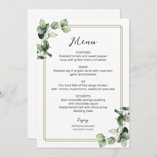 Gold Lijst Greenery Elegant Wedding Menu Kaart (Voorkant / Achterkant)