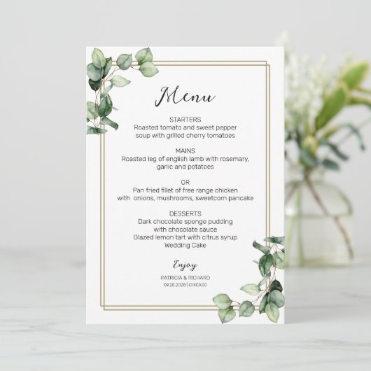 Gold Lijst Greenery Elegant Wedding Menu Kaart (Staand voorkant)