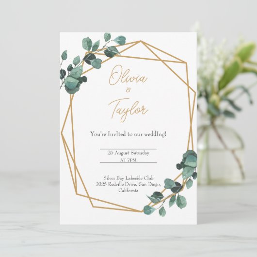 Gold Lijst Greenery Modern Huwelijksuitnodiging Kaart (Staand voorkant)