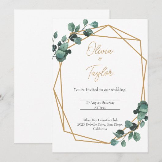 Gold Lijst Greenery Modern Huwelijksuitnodiging Kaart (Voorkant / Achterkant)