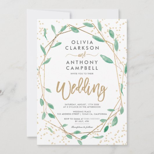 Gold lijst greenery waterverf script bruiloft kaart (Voorkant)
