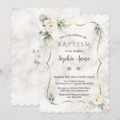 Gold Lijst Greenery White Floral Marble Baptisme Kaart (Voorkant / Achterkant)