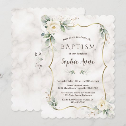 Gold Lijst Greenery White Floral Marble Baptisme Kaart (Voorkant / Achterkant)