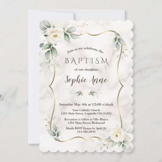 Gold Lijst Greenery White Floral Marble Baptisme Kaart (Voorkant)