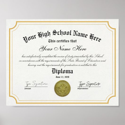 Gold lijst High School afstuderen Diploma Poster (Voorkant)