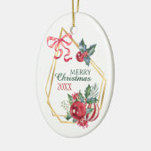 Gold Lijst Holiday Bouquet Red Ribbon op maat Keramisch Ornament (Links)