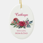 Gold Lijst Holiday Bouquet Red Ribbon op maat Keramisch Ornament (Achterkant)