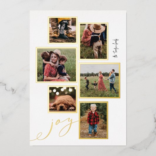 Gold Lijst Joy Script Multi-Photo Holiday Card Folie Feestdagenkaart (Voorkant)