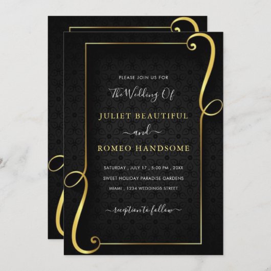 Gold Lijst Luxury Golden Black Wedding Uitnodiging (Voorkant / Achterkant)